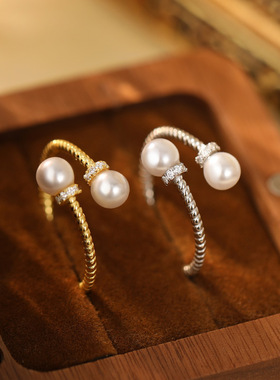 新款S925银轻奢交错麻花珍珠戒指