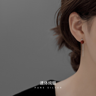 新款S925银天然朱砂耳线复古气质高级感曲线新款潮相思红豆耳饰
