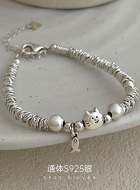 新款S925银招财猫咪小鱼盘缠手链