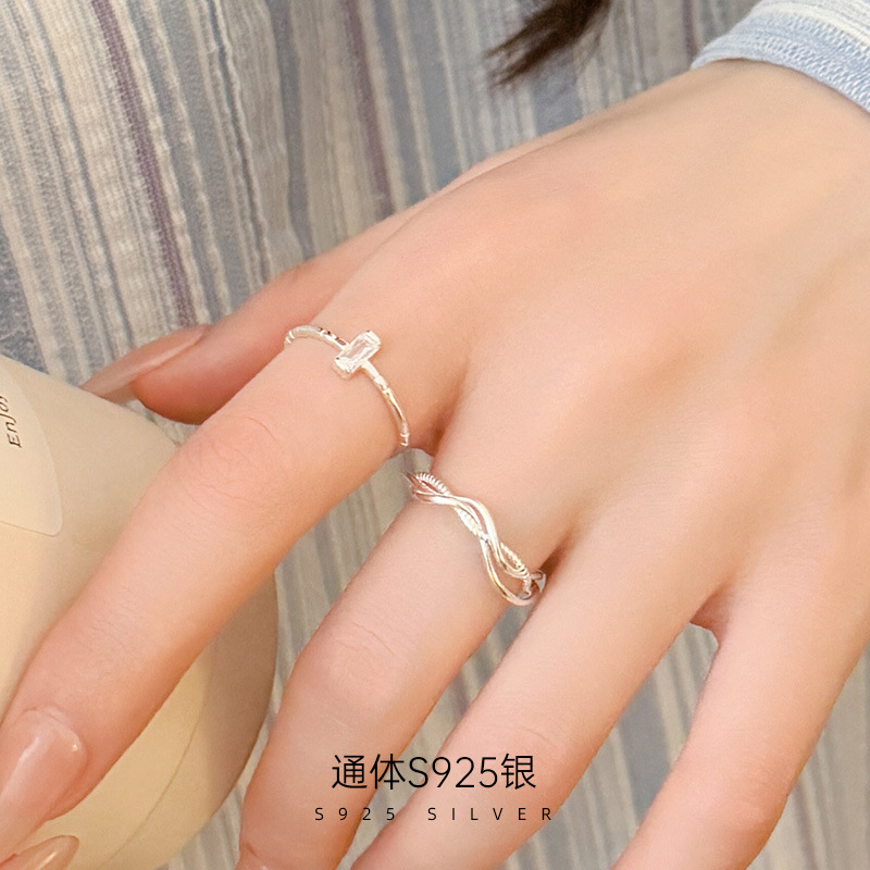 新款S925银缠绕线条方钻组合戒指