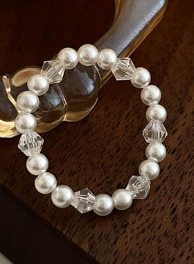 新款小珠珍珠水晶弹力绳戒指女小