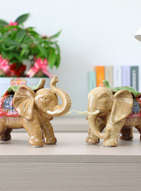 陶瓷大象摆件一对客厅玄关办公室柜子中式家具吸水象招财象装饰品