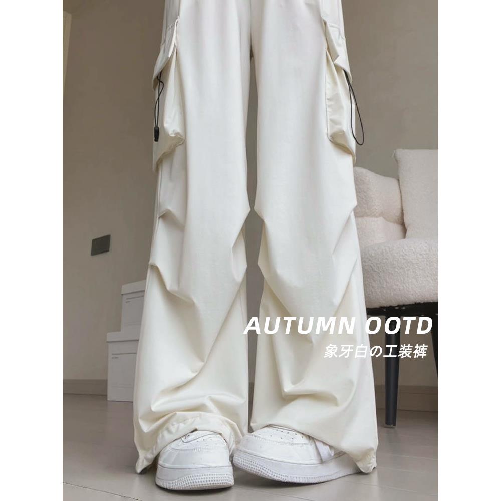 美国女工装裤2025夏季米白色休闲裤大翻盖口袋裤宽松速干降落伞运