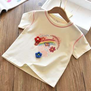 女童甜美柔软立体彩绘花朵圆领短袖 儿童宝宝休闲百搭上衣夏 T恤