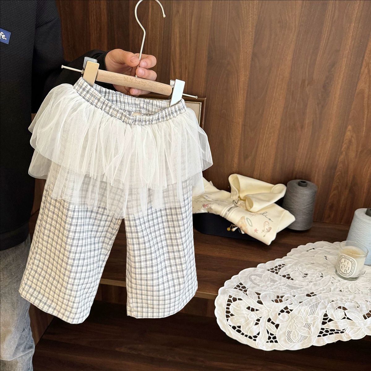 女宝宝超仙网纱裙摆休闲裤女婴儿夏季薄款女童文艺格子纯棉阔腿裤