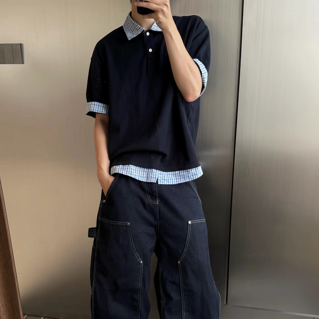 藏蓝格纹假两件Polo领短袖T恤
