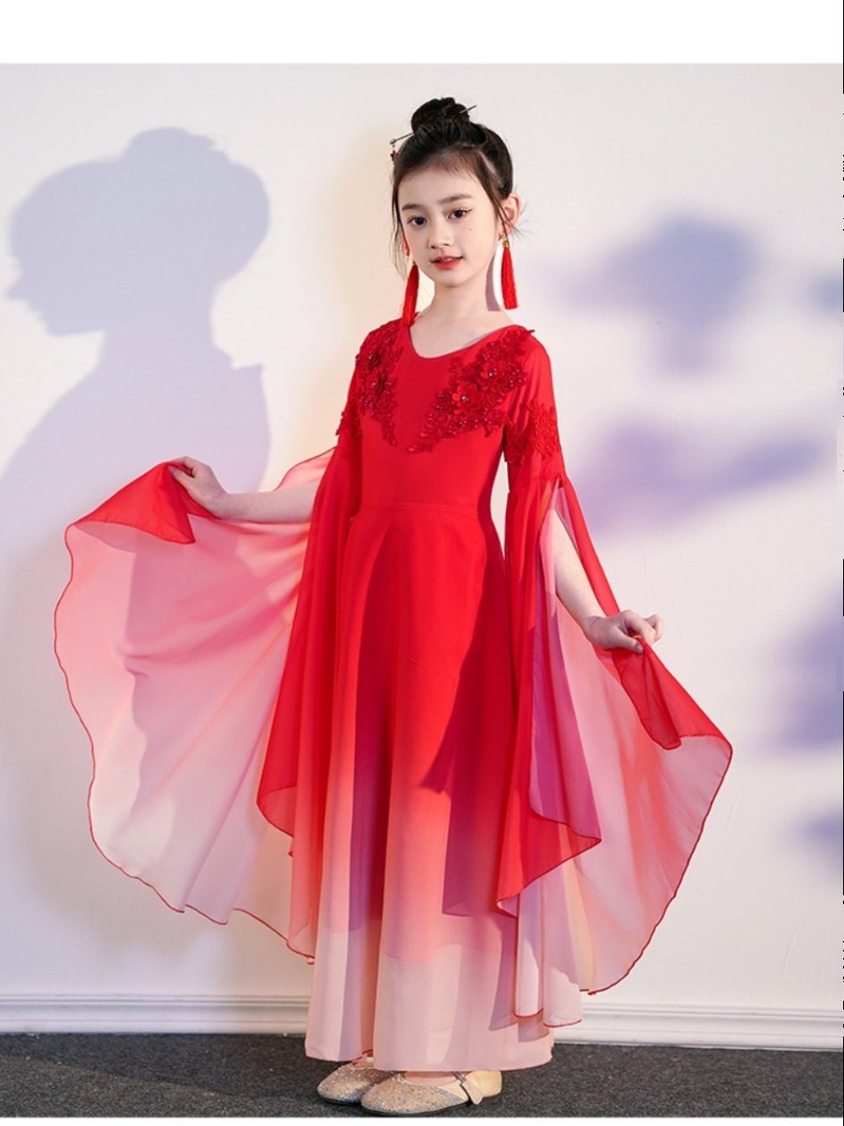 古筝演出服女大童考级古典舞蹈服飘逸汉服女中国风独唱儿童表演服