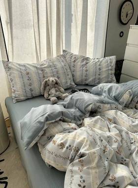 韩系小新少女心泡田园碎小花泡水洗棉UVD四件套清床单被套学生三