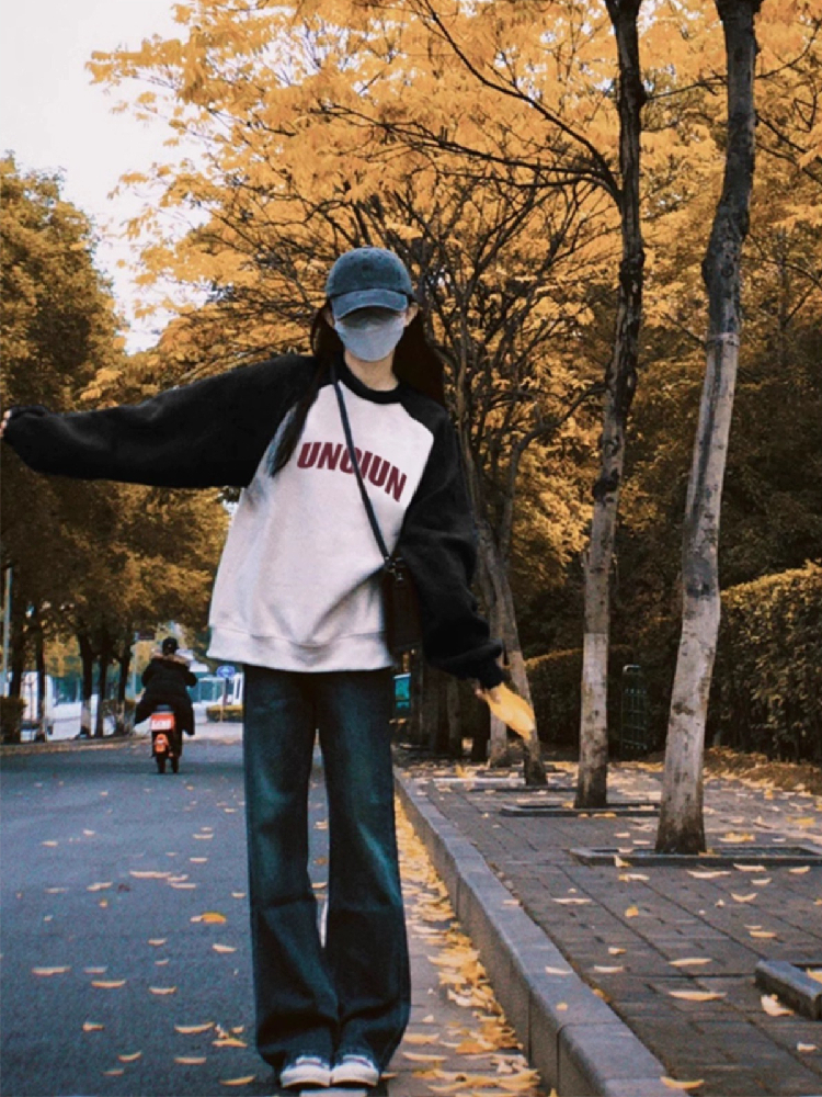 100%纯棉美式港味插肩圆领卫衣女