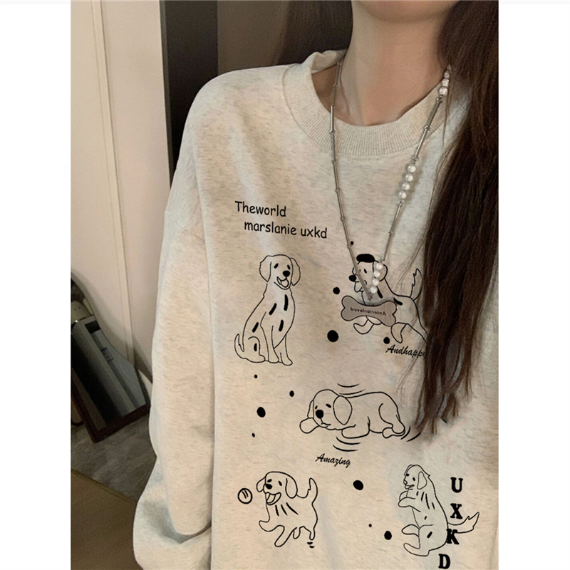 美式复古可爱狗狗印花圆领卫衣女