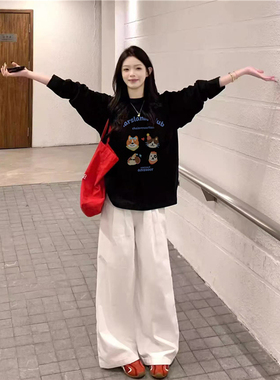 纯棉美式卡通趣味正肩长袖t恤女2026新款设计感宽松港味chic体恤