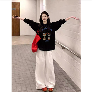 设计感宽松港味chic体恤 t恤女2026新款 纯棉美式 卡通趣味正肩长袖