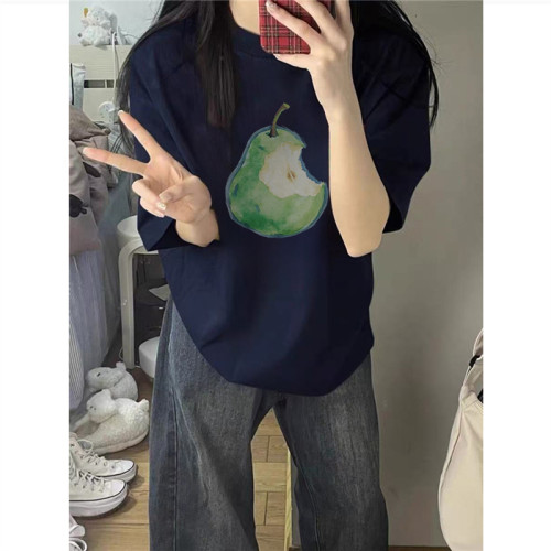 纯棉美式复古梨子印花短袖t恤女