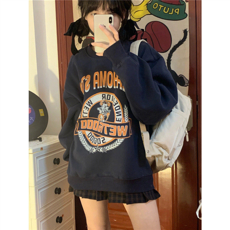 100%纯棉古着vintage卫衣女美式卡通小个子宽松oversize圆领上衣