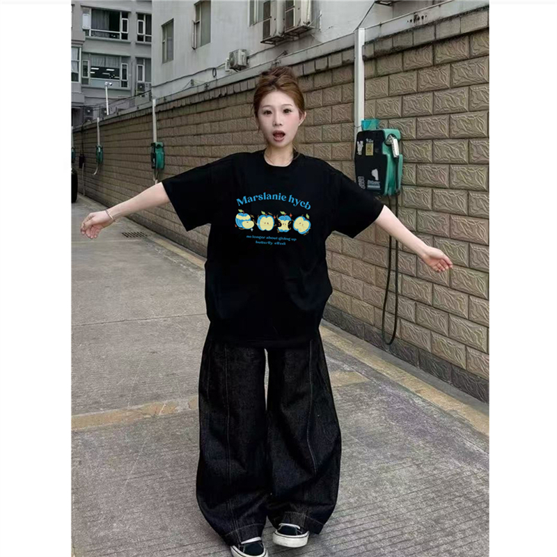 纯棉美式复古正肩短袖t恤女宽松