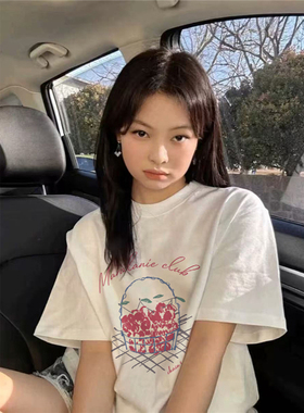 纯棉夏季美式正肩白色短袖t恤女2025新款设计感小众宽松半袖上衣