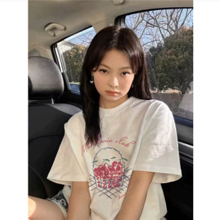 设计感小众宽松半袖 纯棉夏季 t恤女2025新款 美式 上衣 正肩白色短袖