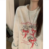 纯棉美式 复古卡通无帽加绒加厚卫衣女秋冬宽松设计感小众长袖 上衣