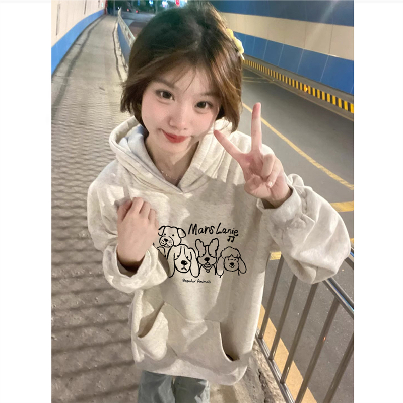 纯棉美式复古加绒加厚连帽卫衣女