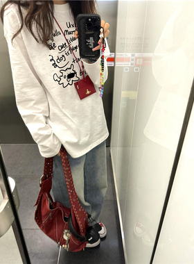 纯棉美式复古白色正肩长袖t恤女2026超火宽松春秋薄款内搭打底衫