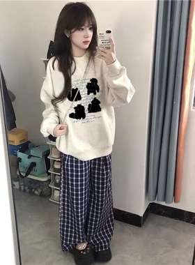 纯棉美式复古卡通无帽圆领卫衣女秋冬小个子宽松慵懒加绒加厚上衣