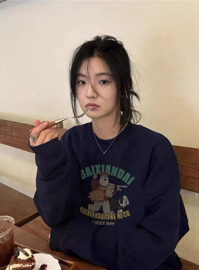 100%纯棉美式复古圣诞老人潮牌卫衣女银狐绒加厚宽松慵懒chic上衣