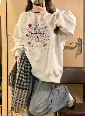 纯棉美式复古加绒加厚无帽圆领卫衣女2025新款设计感小众慵懒上衣