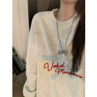 纯棉美式 复古加绒加绒无帽卫衣女秋冬慵懒设计感韩系chic别致上衣