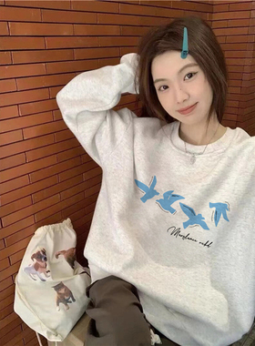 纯棉美式潮牌加绒加厚无帽卫衣女2025新款设计感小众慵懒长袖上衣