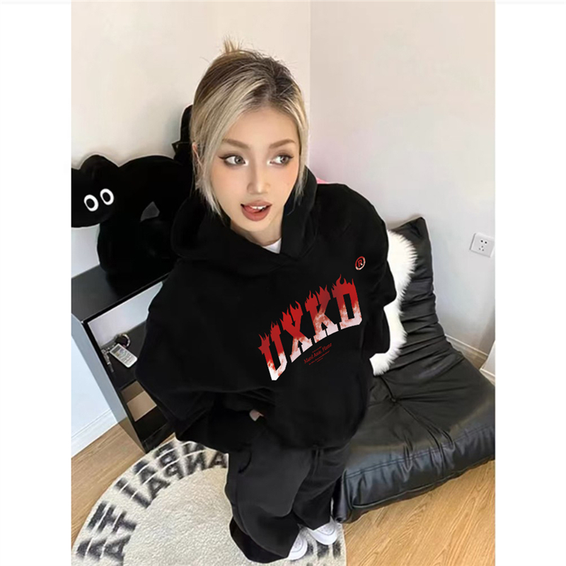 纯棉美式潮牌火焰字母连帽卫衣女