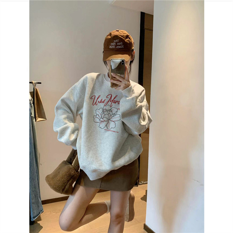 纯棉美式复古植物花卉无帽圆领卫衣女2026新款秋季慵懒松弛感上衣