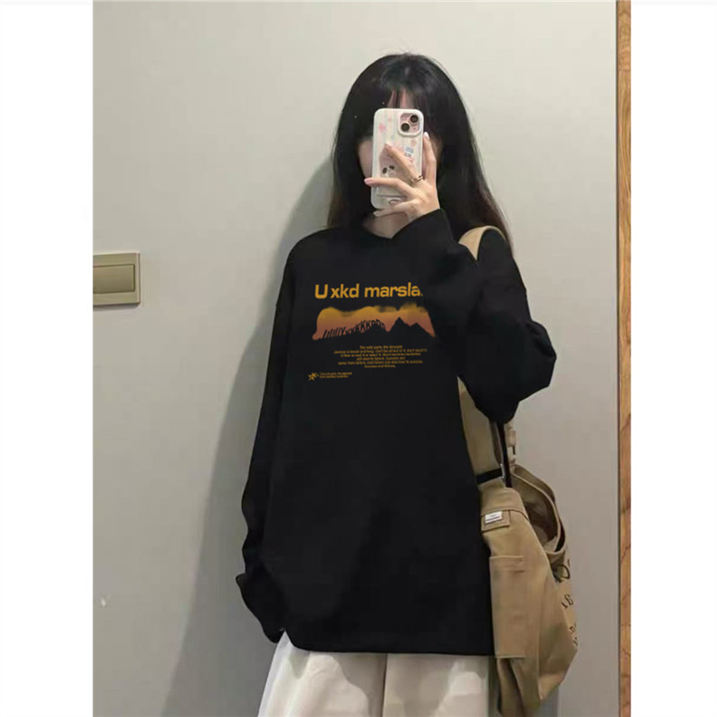 纯棉美式高街黑色正肩长袖t恤女图片