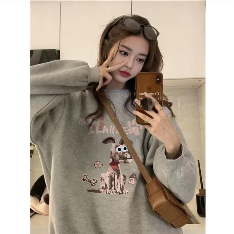 纯棉美式复古灰色圆领卫衣女加绒