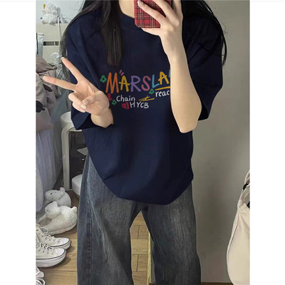 纯棉高街美式彩虹字母短袖t恤女