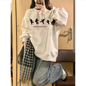 纯棉美式 复古灰色无帽圆领卫衣女冬季 加绒加厚宽松慵懒设计感上衣