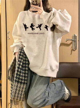 纯棉美式复古灰色无帽圆领卫衣女冬季加绒加厚宽松慵懒设计感上衣