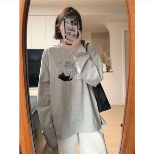 春秋设计感小众慵懒潮牌上衣 t恤女2026新款 纯棉美式 灰色正肩长袖