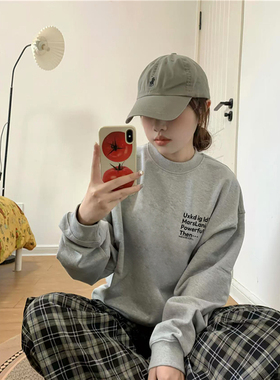 纯棉美式基础款字母灰色无帽卫衣女秋冬宽松百搭加绒加厚潮牌上衣