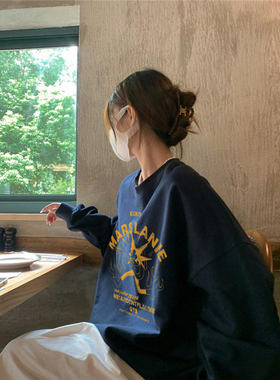 纯棉高街美式复古套头圆领卫衣女2025新款宽松潮牌慵懒风长袖上衣