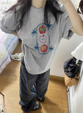 纯棉夏季美式灰色正肩短袖t恤女2025新款设计感小众宽松半袖上衣