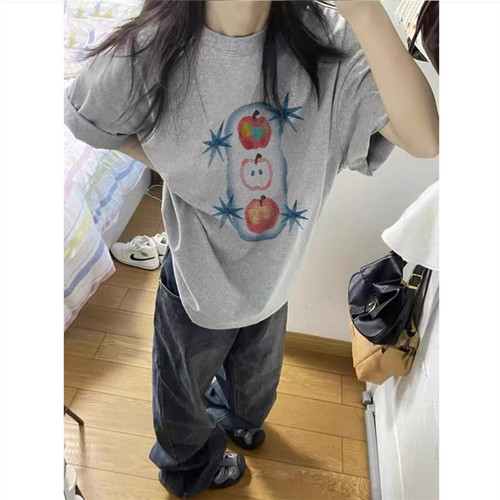 纯棉夏季美式灰色正肩短袖t恤女