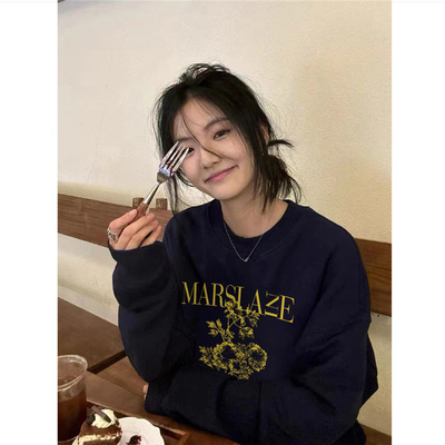 高街美式潮牌加绒加厚圆领卫衣女