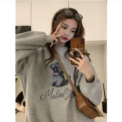 纯棉美式复古加绒加厚无帽卫衣女