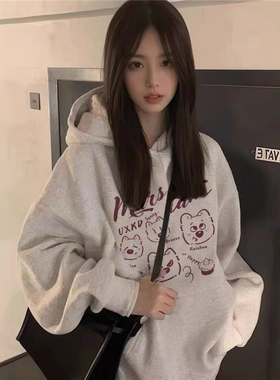 纯棉美式潮牌卡通连帽卫衣女2025新款设计感小众慵懒秋冬加绒外套