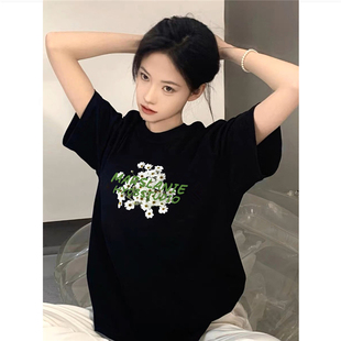 纯棉美式 宽松正肩小众设计感上衣 复古植物花卉印花短袖 t恤女夏季