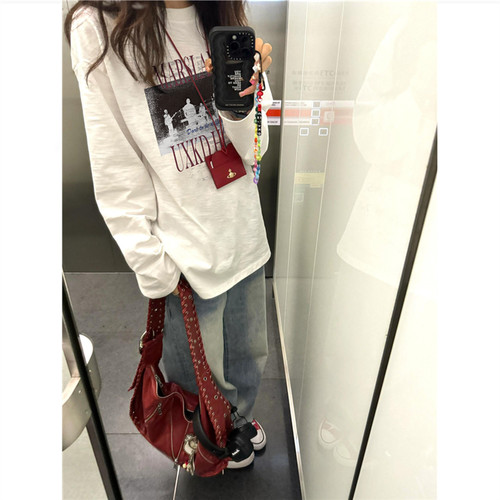 纯棉美式复古hiphop长袖t恤女秋