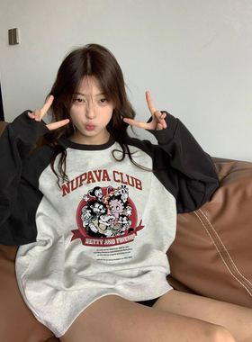 100%纯棉设计感港味chic卡通插肩卫衣女秋冬潮牌小众慵懒甜酷上衣