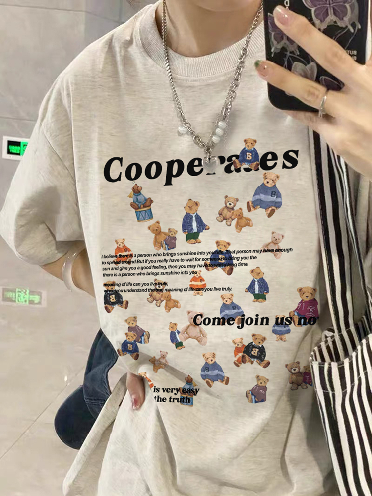 100%纯棉美式复古小熊短袖t恤女