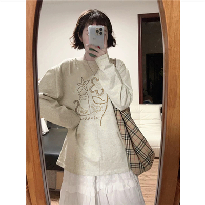 纯棉美式复古正肩长袖t恤女秋季