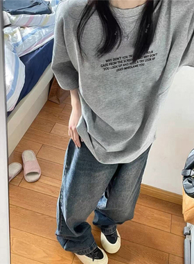 纯棉美式复古灰色正肩短袖t恤女夏季设计感宽松百搭简约字母体恤
